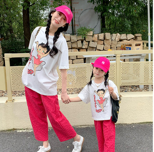 子母女装 短袖 Y9夏季 女童装 亲子装 T恤树莓粉格裤 韩版 白色卡通半袖