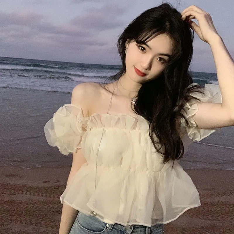 一字肩雪纺衫女装夏季辣妹设计感蕾丝衫/雪纺衫