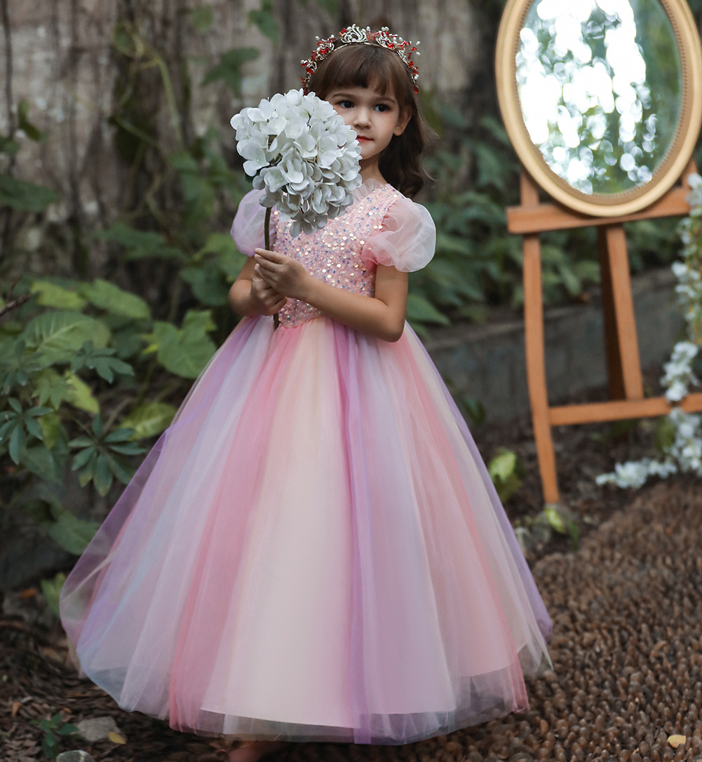 欧美新女童礼服彩色网纱连衣裙长款亮片儿童裙女孩钢琴主持演出服