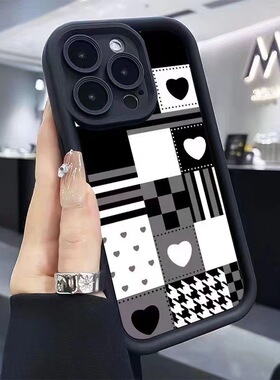 black white heart Mosaic lattice soft case适用iphone 11 12 13 14 15 16 17 pro max XR XS MAX 7 8 PLUS