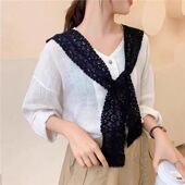 韩国东大门蕾丝围巾花朵全棉薄款 防晒外搭小坎肩方巾 镂空百搭短款