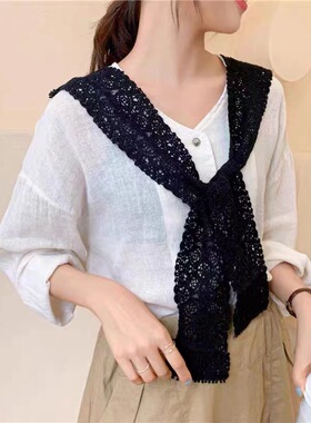 韩国东大门蕾丝围巾花朵全棉薄款镂空百搭短款防晒外搭小坎肩方巾