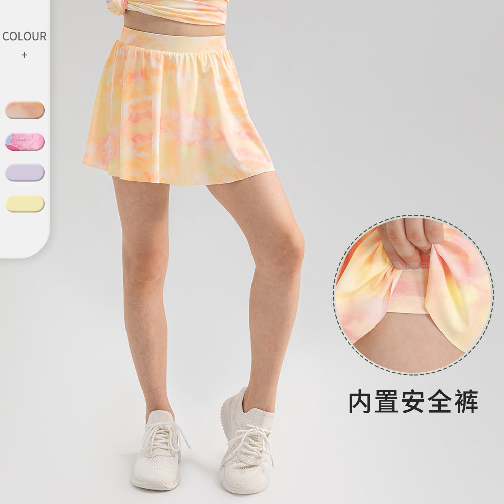 新款女童夏运动短裙炫彩印花凉感瑜伽裙裤假两件舞蹈跑步网球裙