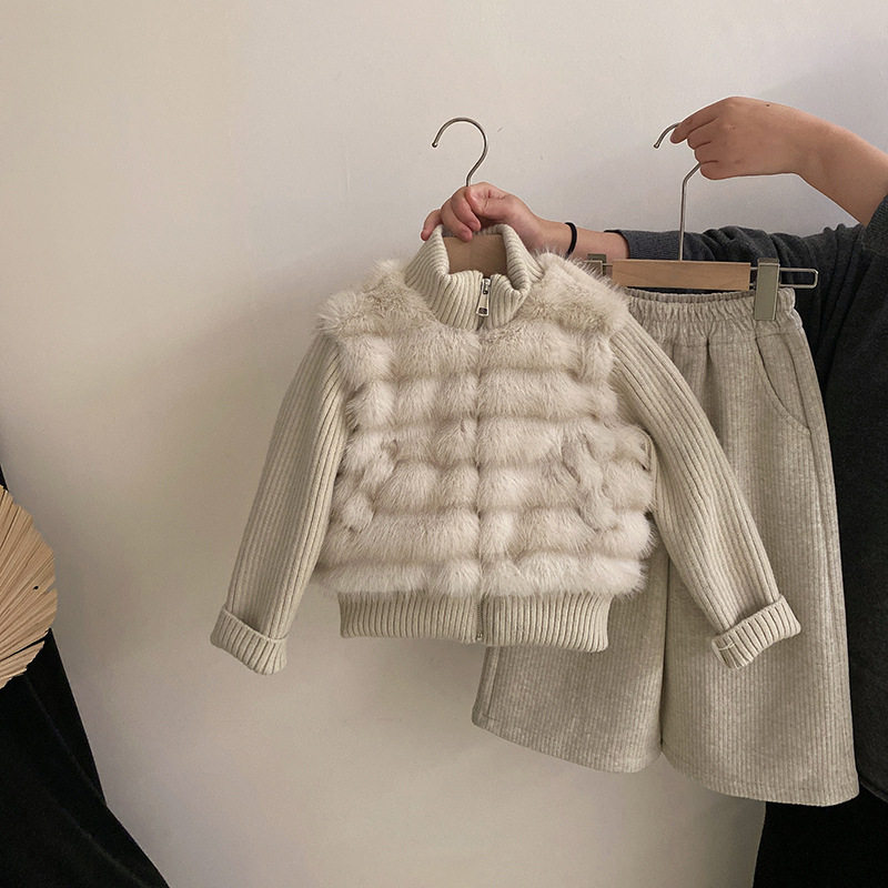 冬季新款女童洋气名媛千金风仿皮草夹棉毛毛外套儿童加绒休闲裤