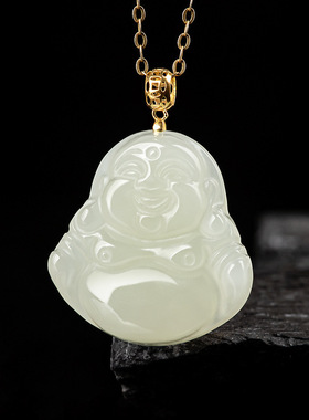 天然老料和田玉佛公笑佛玉石吊坠18K金镶嵌时尚弥勒佛女项链挂件