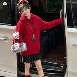 女童2025秋冬新款可拆卸堆堆活帽红色毛衣女大童洋气拜年服针织衫，童装毛衣，祺儿童装