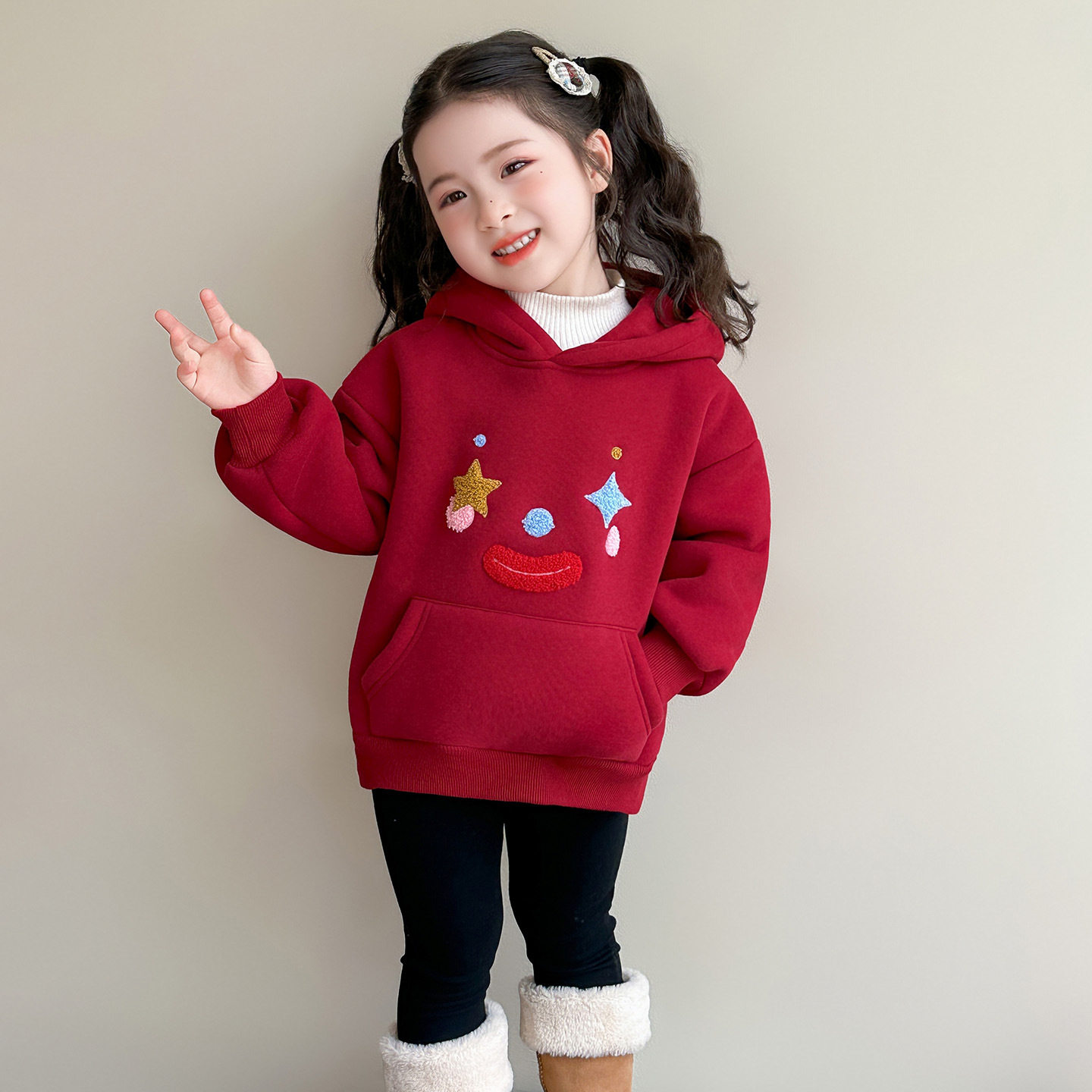 女童连帽卫衣拜年服2025秋冬新款儿童红色加绒衣服女长袖上衣P70，童装卫衣/绒衫，祺妙童装