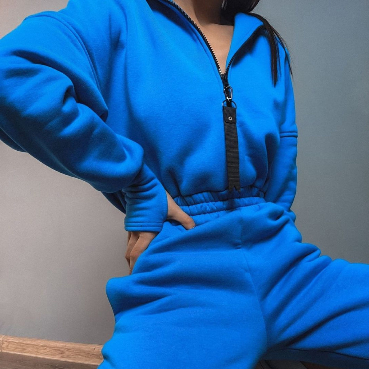 跨境亚马逊ebay连体裤秋冬女欧美运动休闲半开襟松紧腰收口裤套装