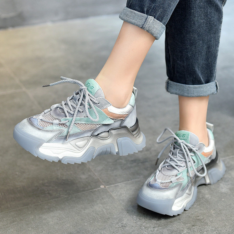 真皮百搭老爹鞋ins潮女2026春夏新款复古厚底拼色网面圆头休闲鞋