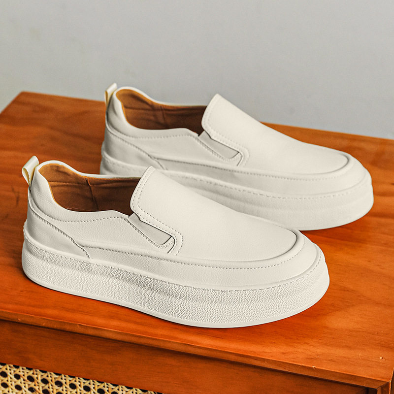 2025夏季男款一脚蹬真皮厚底休闲板鞋套口乐福鞋内增高时尚小白鞋