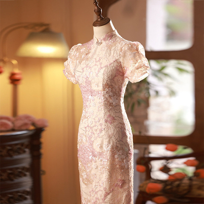 旗袍敬酒服新娘2026新中式粉色订婚礼服连衣裙亮片日常可穿回门裙