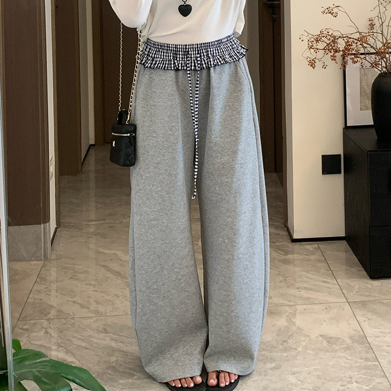 加肥加大200斤大码女装微胖胖mm夏百搭格子拼接系带休闲裤时尚裤