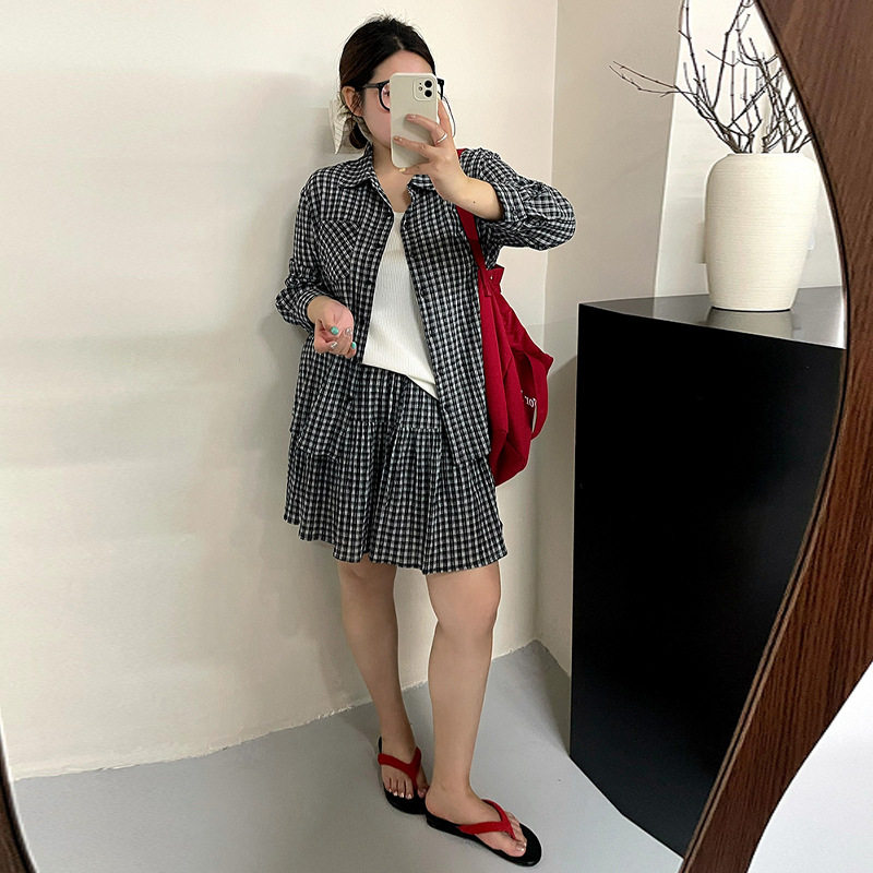 新款大码女装衬衫半身裙套装2026夏款胖mm显瘦遮肚复古格子三件套
