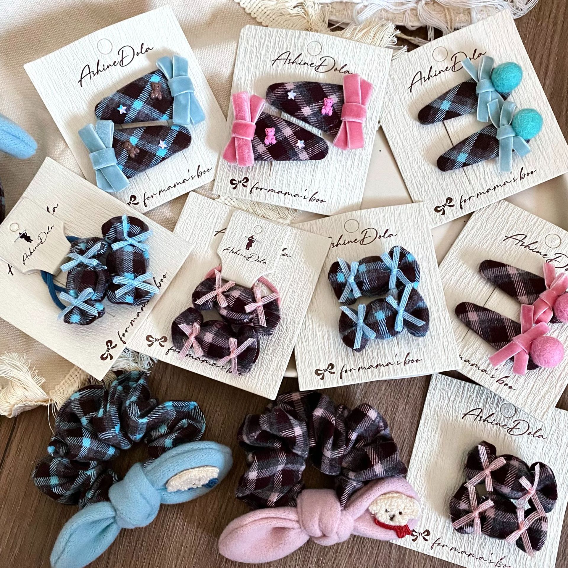 新款粉蓝格纹糖果几何儿童发夹发圈发箍头箍皮筋发卡