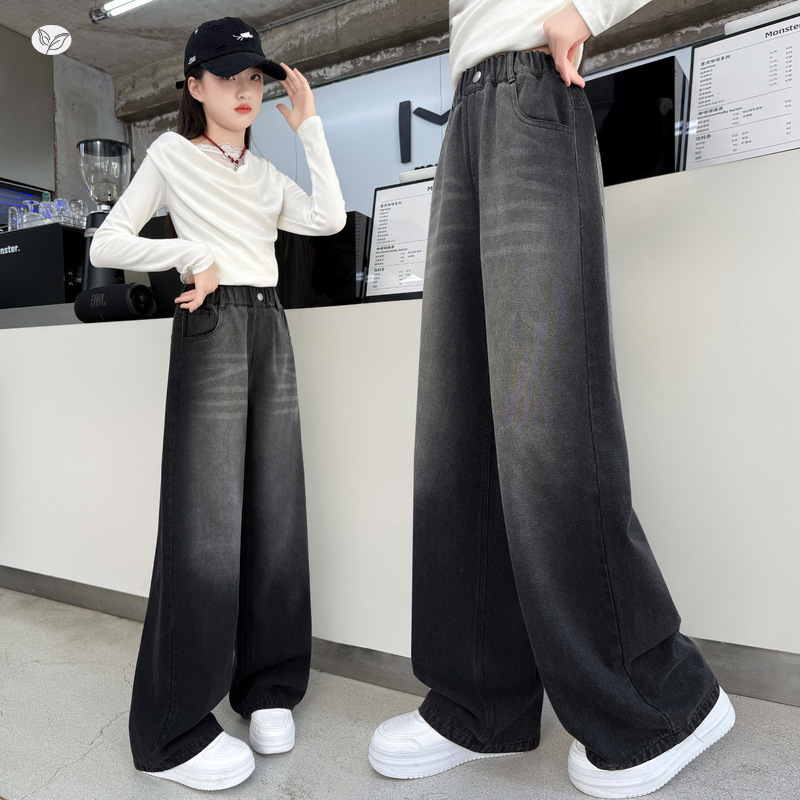 女童牛仔裤春秋款2025新款渐变直筒裤中大童韩版阔腿裤拖地长裤潮，童装裤子，祺儿童装