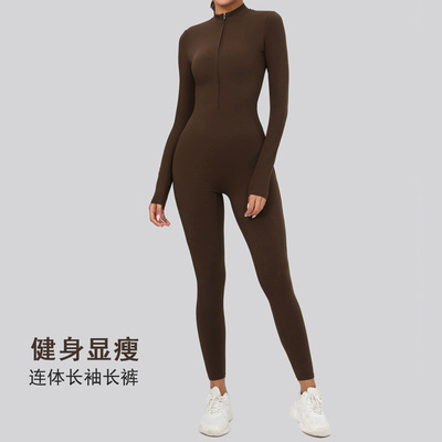 拉链长袖瑜伽连体服女连体紧身衣