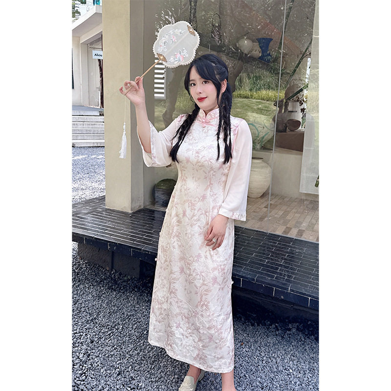 秋季2025新款提花改良旗袍新中式优雅气质温柔大码连衣裙200斤潮