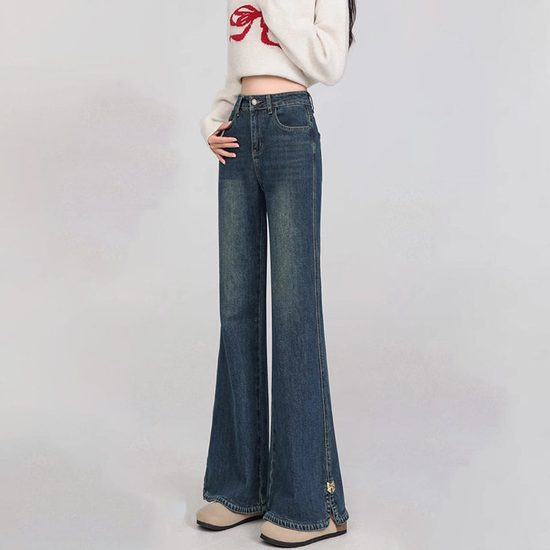 梨型身材大码微喇叭小个子显瘦腰百搭牛仔裤女设计感开叉马蹄裤