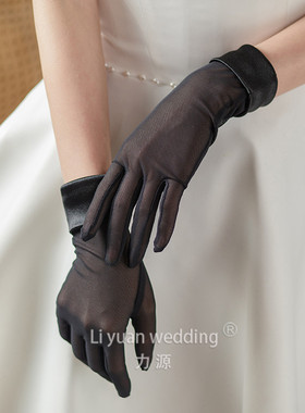 新款新娘婚纱礼服手套弹力缎简黑色弹拍照手套