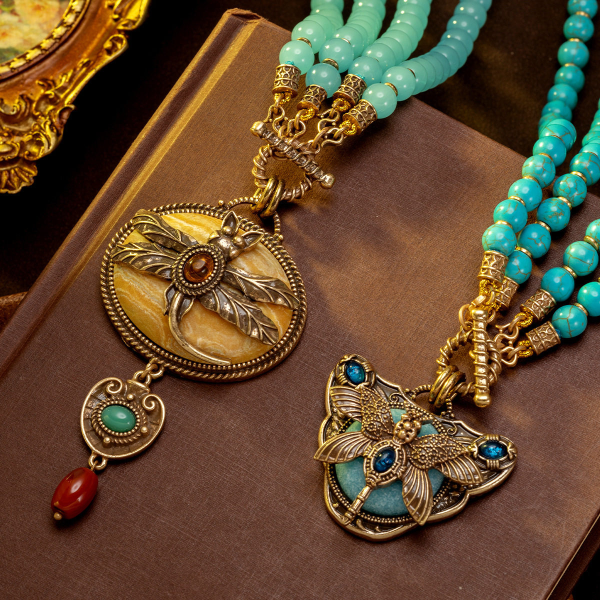 中古vintage饰品玛瑙松石项链动物蜻蜓夸张欧美复古做旧雕刻蓝色