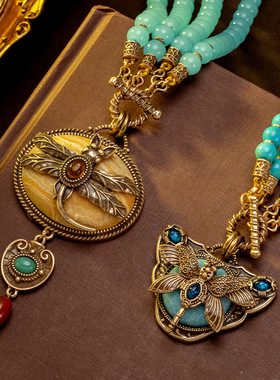 中古vintage饰品玛瑙松石项链动物蜻蜓夸张欧美复古做旧雕刻蓝色