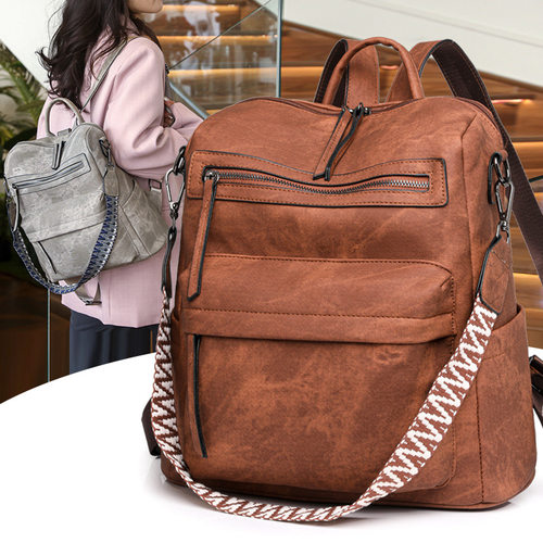 跨境backpack bags双肩包女PU软皮百搭大容量两用肩包女士背包