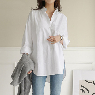 Solid color lapel loose shirt for woman 纯色翻领开叉大摆衬衫