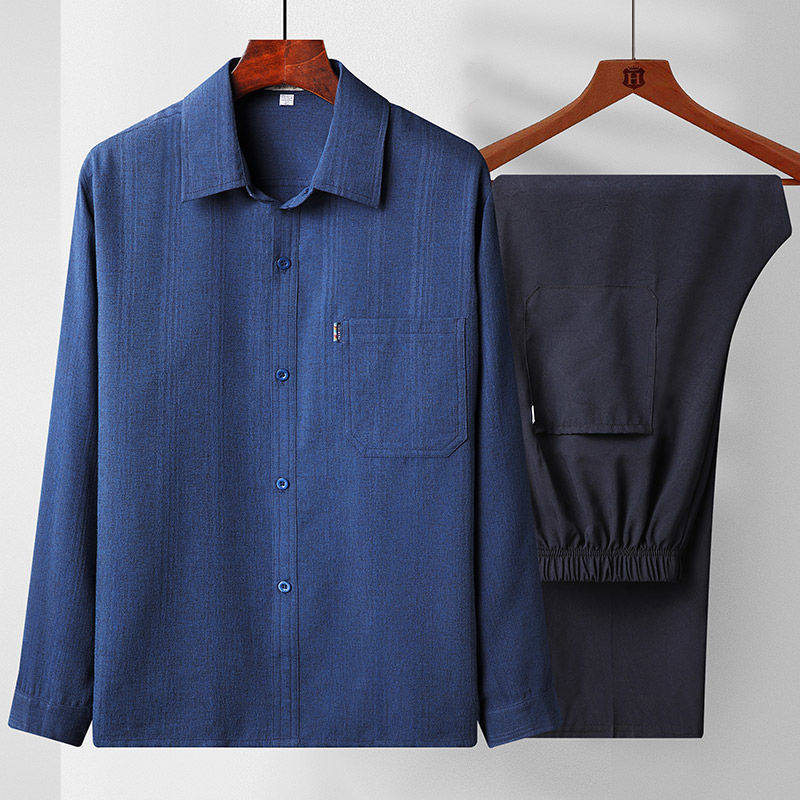中老年男春秋长袖棉麻衬衫套装爸爸装夏宽松翻领大码爷爷老人衣服