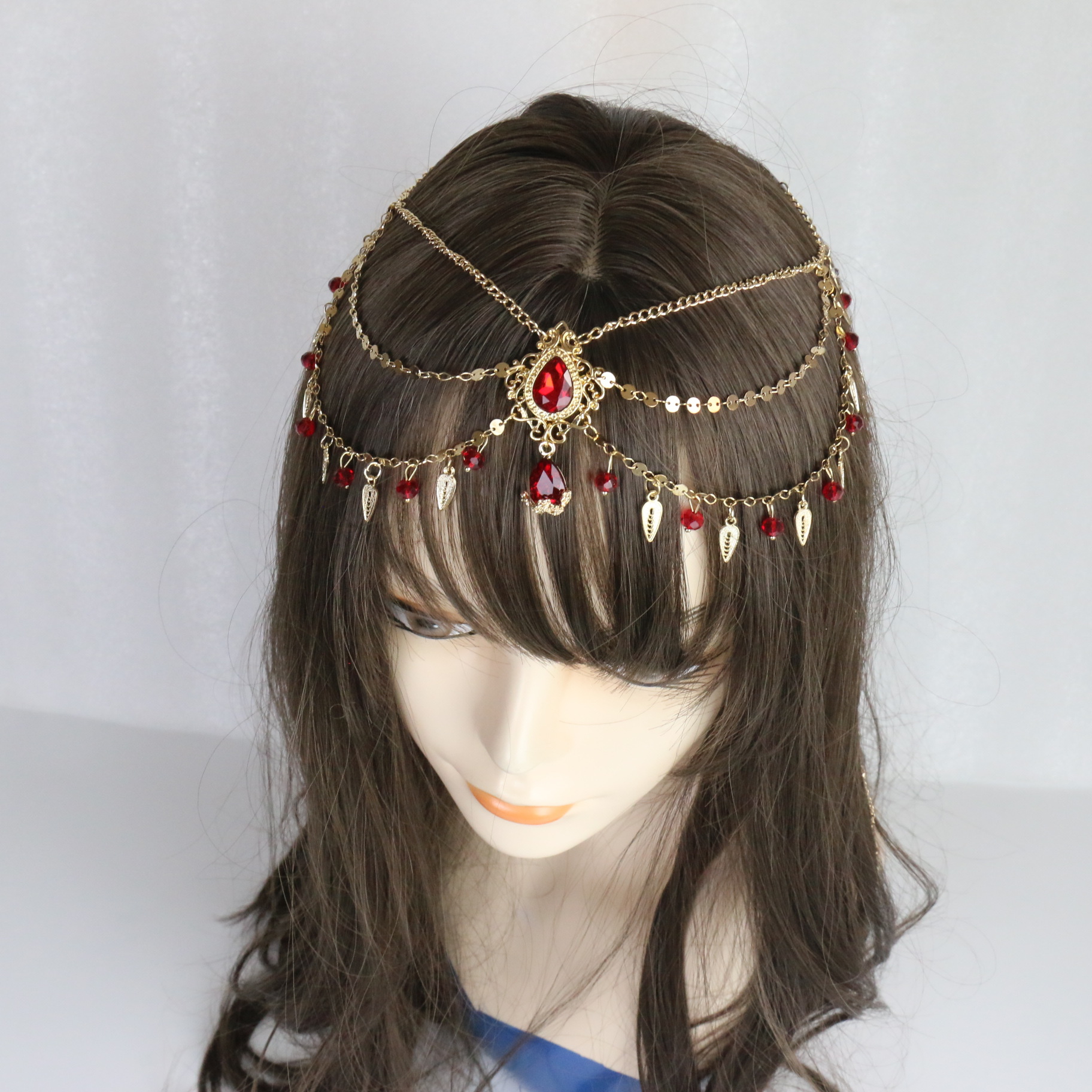 异域风情古风红石发饰女汉服西域舞蹈复古叶子流苏额饰旅拍头饰