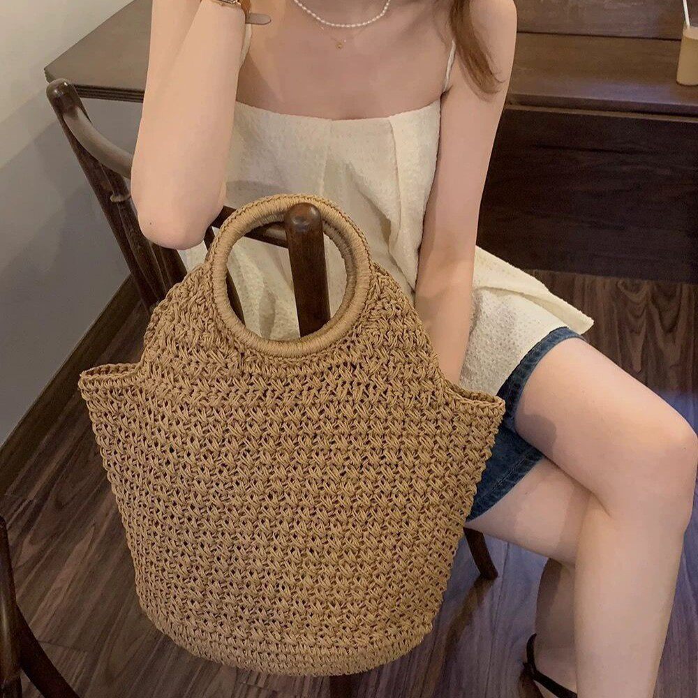 新款级感草编包女手工编织包圆环手提大容量托特海边度假沙滩包
