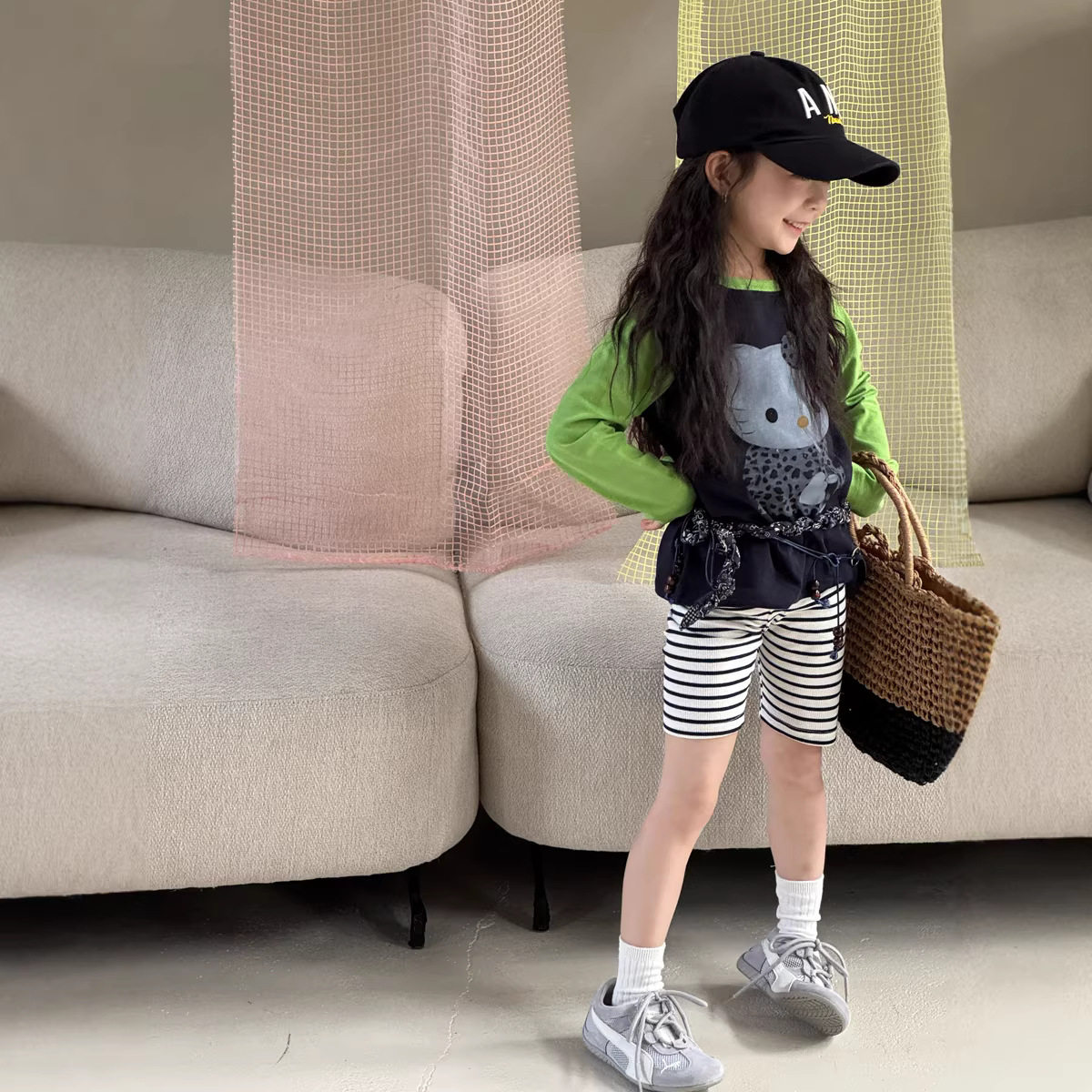 女童夏季打底裤短裤潮范 儿童韩版黑白条纹中裤弹力五分裤新款图片