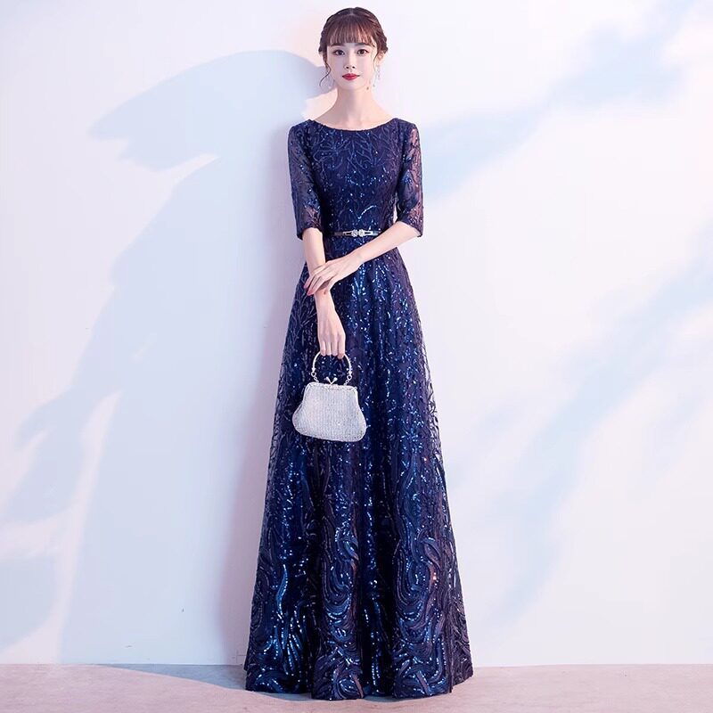 艺考晚礼服蓝色女级感气质端主持人红歌大合唱演出服成人长裙女装