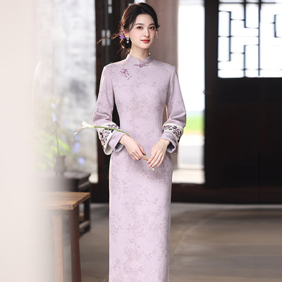 紫色国风新中式秋冬装长袖旗袍改良2025新款年轻款女复古收腰秋冬