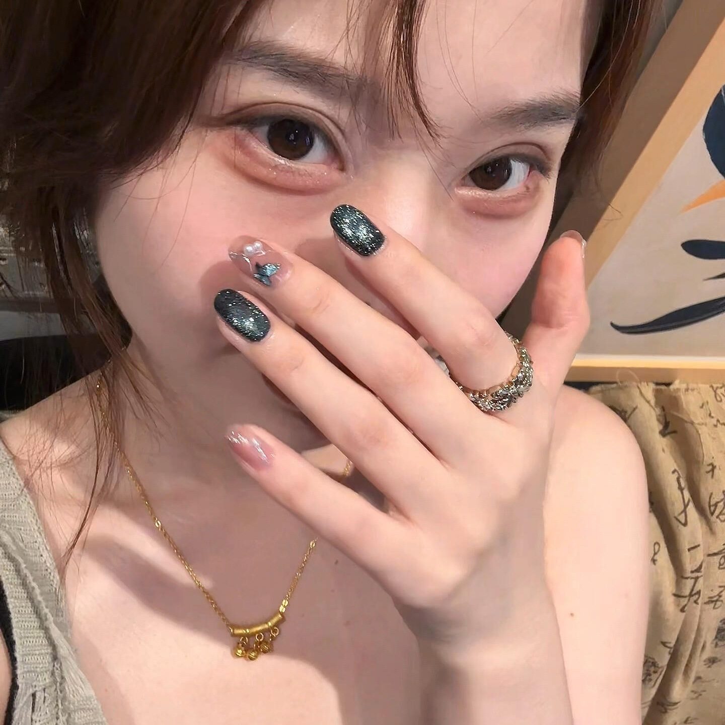 手绘蝴蝶玻璃珠猫眼短款纯手工穿戴甲ins风温柔显白手作美甲甲片,彩妆/香水/美妆工具,穿戴甲/甲片,淘宝优惠券,粉丝福利购,淘宝优惠卷