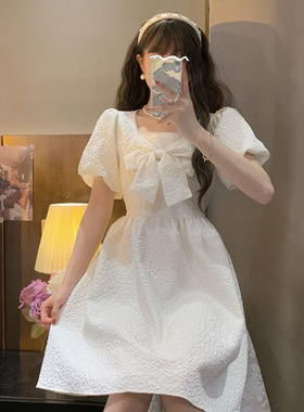 夏季法式方领白色女装大佬男士反串蝴蝶结伪娘连衣裙性感蛋糕裙子