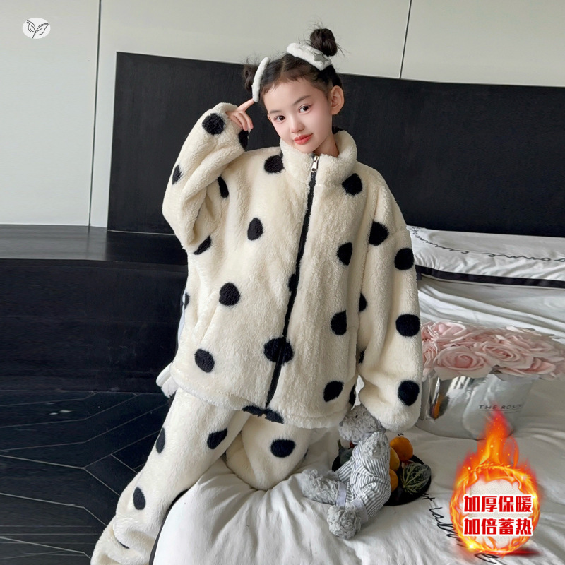 女童家居服套装加厚2025冬季新款中大童波点外套束脚裤可爱两件套，童装家居服（睡衣），祺儿童装