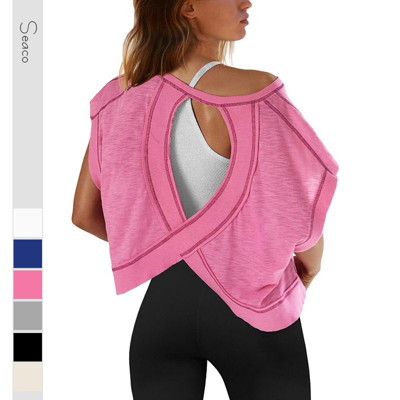 短袖露背运动T恤女宽松透气上衣
