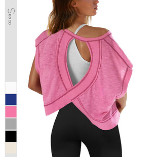 Open Back Gym Workout Tees Athletic Shirts Yoga Women Tops