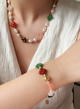TU家原创设计天然石四叶草小花珍珠项链编织可调节手链耳环套装女