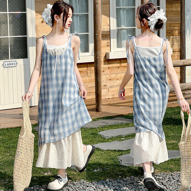 女童蓝色格子吊带裙连衣裙2025新款夏季假两件海边穿搭度假长裙子，商品下架区商品下架区，祺儿童装