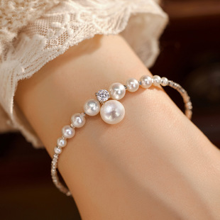 新款碎银子镀纯银s925珍珠手链手镯女小众设计感手环女友闺蜜礼物