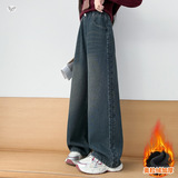 女童加绒牛仔阔腿裤2025年秋冬新款中大童拼接弯刀裤休闲外出长裤，童装裤子，祺儿童装