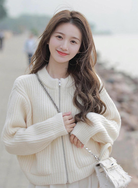春秋季纯色小清新女装外套甜美风格白色拉链针织开衫外穿女士毛衣