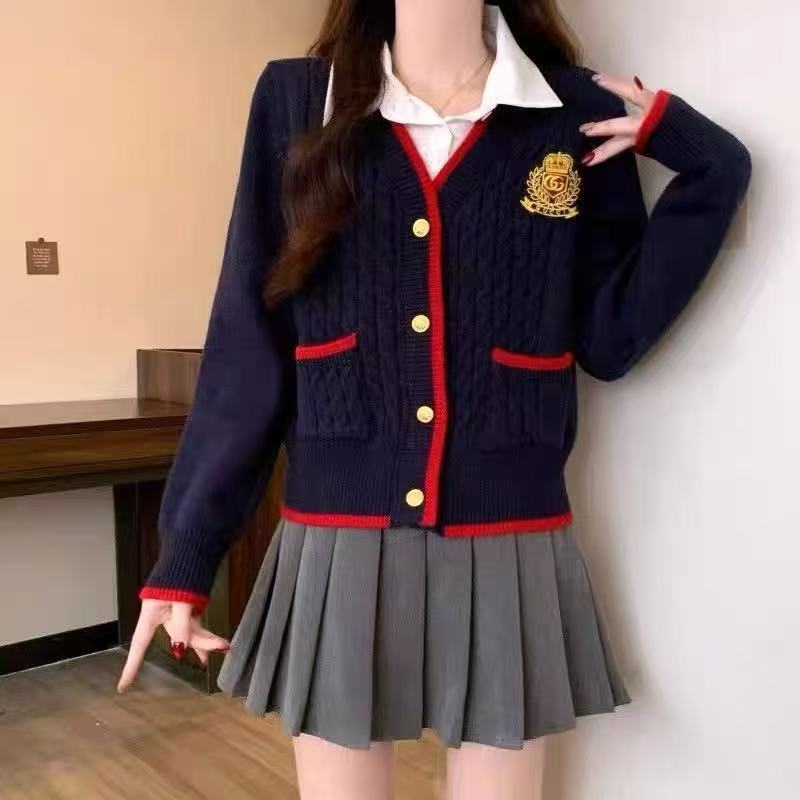 美式学院风Polo领刺绣洋气开衫毛衣女秋冬甜美龄气质针织衫上衣