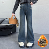 女童加绒喇叭裤2025年秋冬新款中大童后袋刺绣阔腿裤皮标微喇长裤，童装裤子，祺儿童装