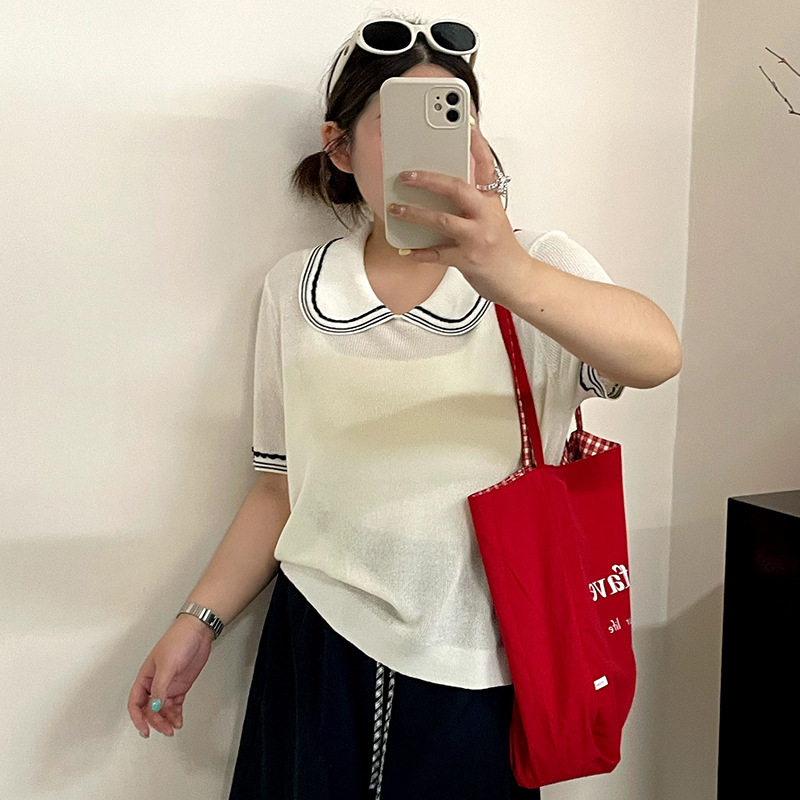 大码女装23921撞色娃娃领休闲上衣女针织衫2026夏胖mm百搭短袖t恤