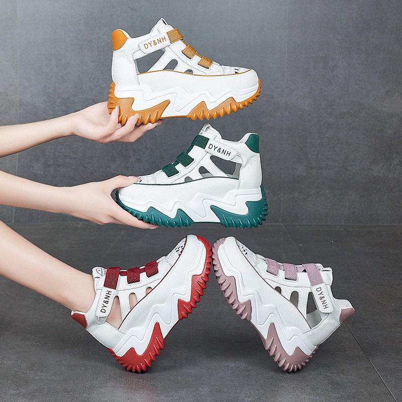 真皮运动休闲鞋女2025新款夏天大网眼夏季薄款透气镂空厚底小白鞋