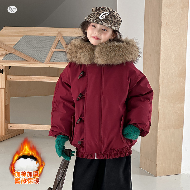 女童2025年冬季新款卡哇伊棉衣牛角扣保暖派克服加绒加厚可爱外套，童装棉衣，祺儿童装