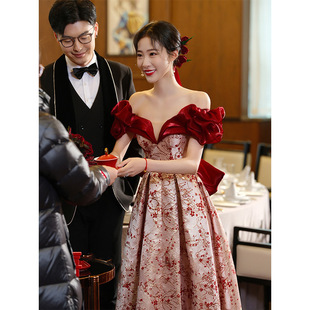 新娘订婚连衣裙 级感气质结婚回门便装 一字肩敬酒服2026新款 春季