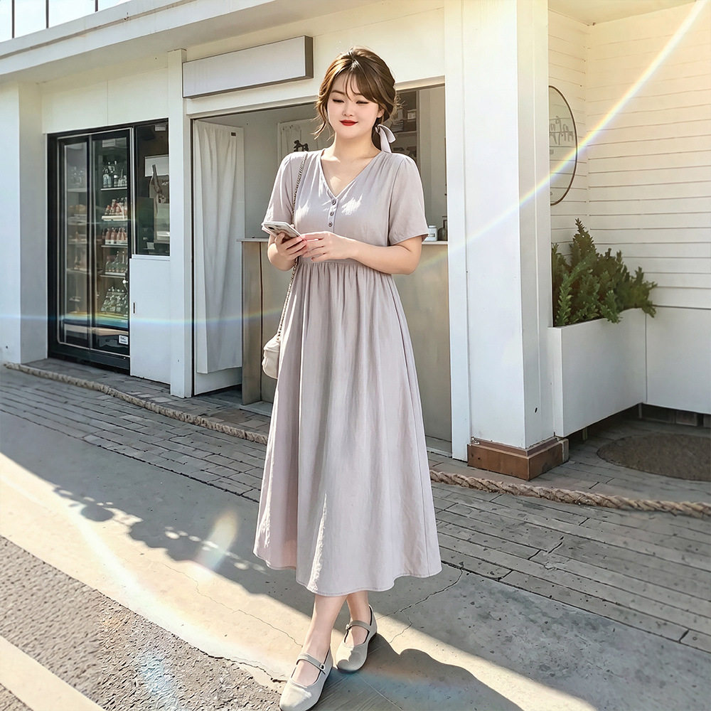伊诺大码女装V领休闲连衣裙 夏季微胖mm妈妈哺乳月子服长裙